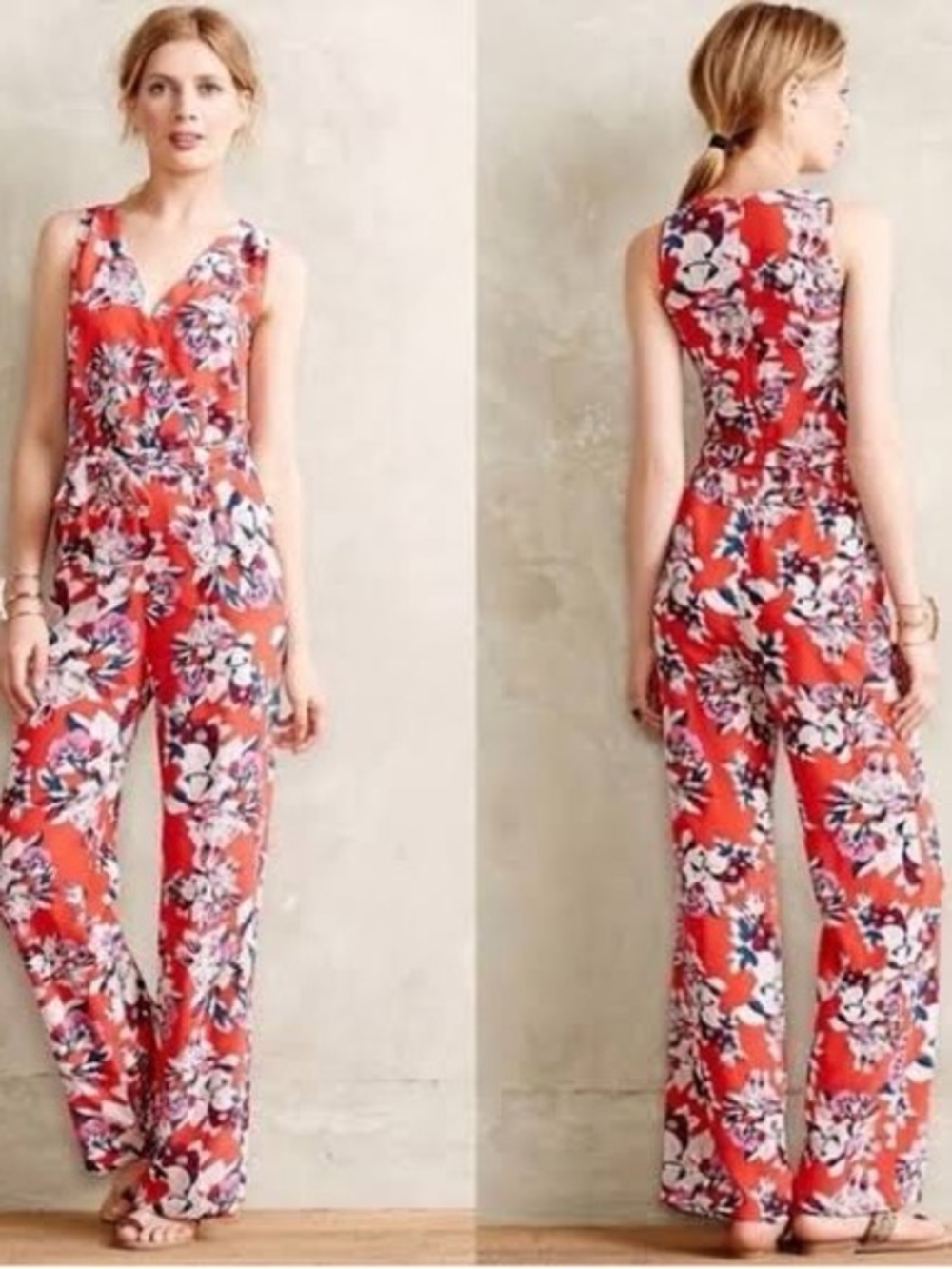 Yumi Kim Coral-Red Floral Sleeveless V-Neck Jumpsuit